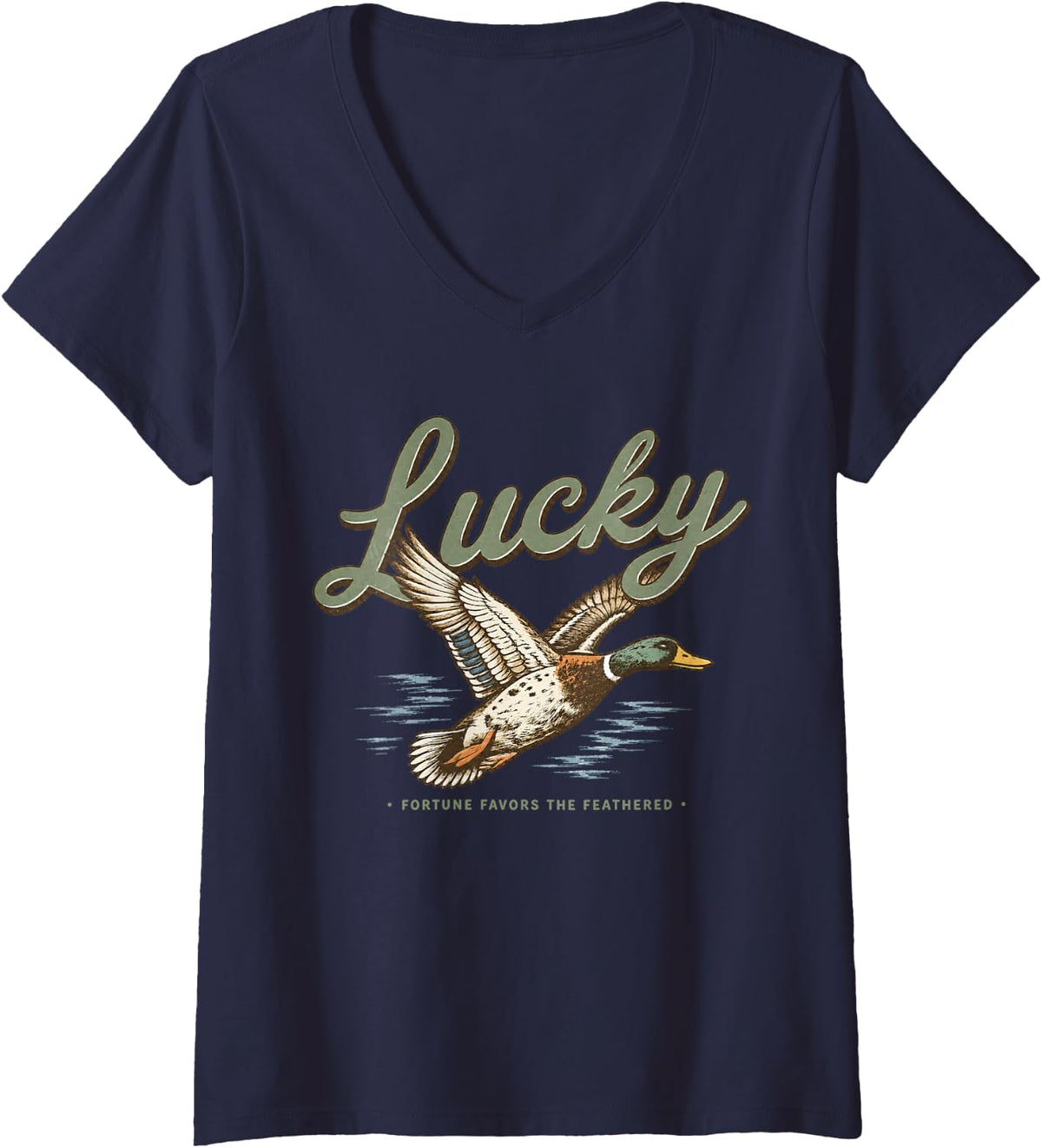 Women's Vintage Mallard Duck Lucky Fortune Favors The Feathered V-Neck T-Shirt - Navy Blue