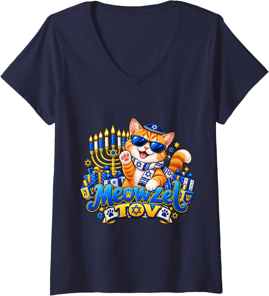 Women's Meowzel Tov Funny Hanukkah Cat Jewish Holiday V-Neck T-Shirt - Navy Blue