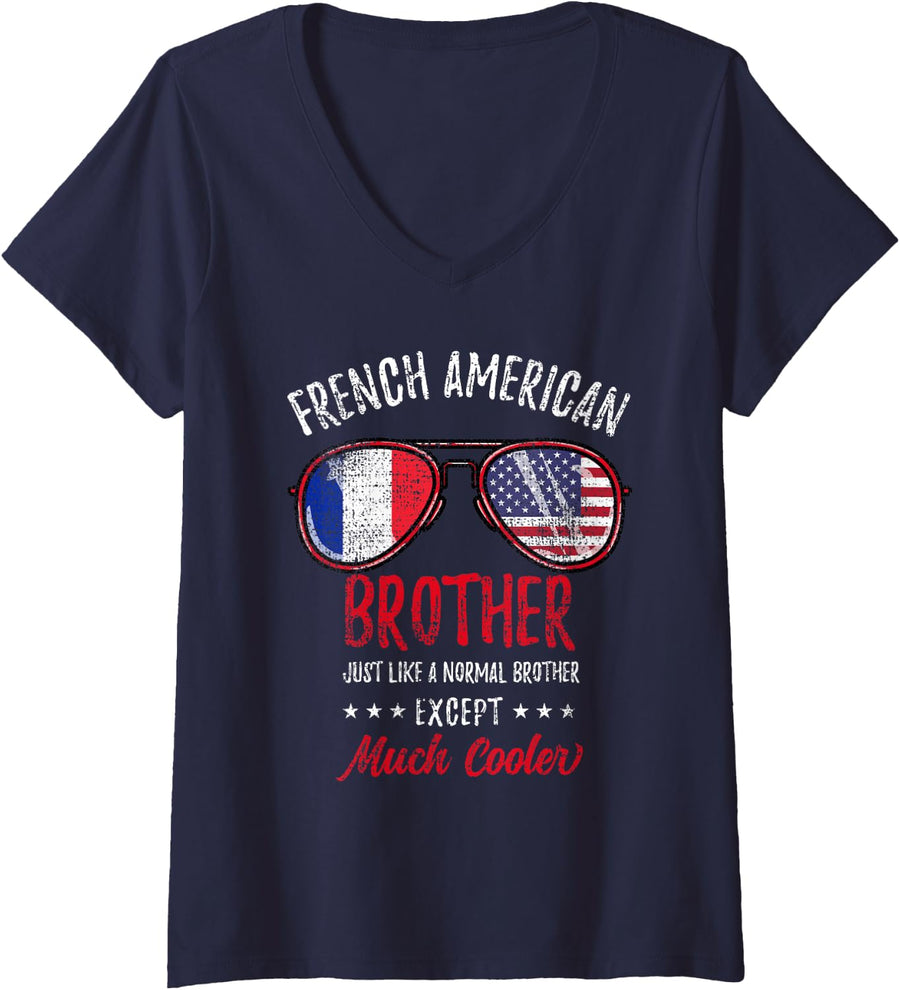 Women's Cool French American Brother Sunglasses French Roots Vintage V-Neck T-Shirt - Navy Blue