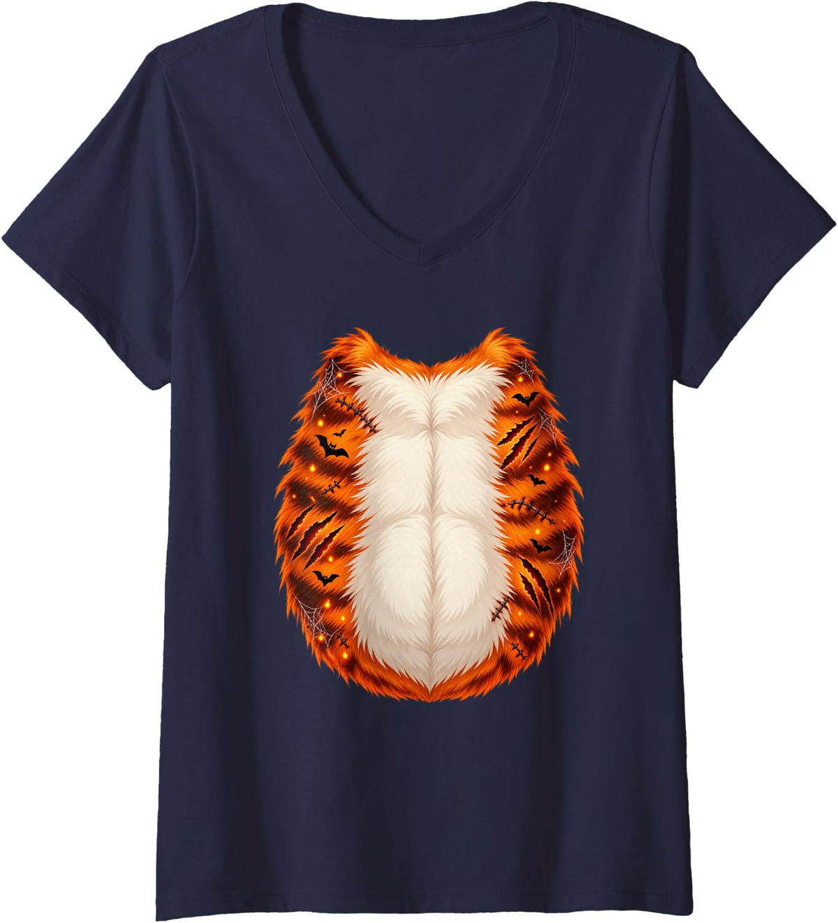 Women's Halloween Cat Belly Costume Realistic Orange Tabby Body V-Neck T-Shirt - Navy Blue