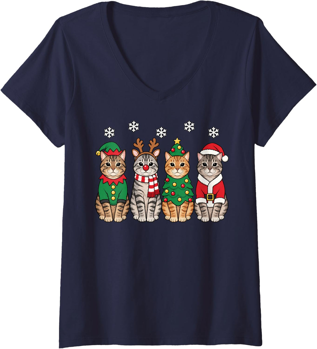 Women's Tabby Cat Christmas Reindeer Santa V-Neck T-Shirt - Navy Blue