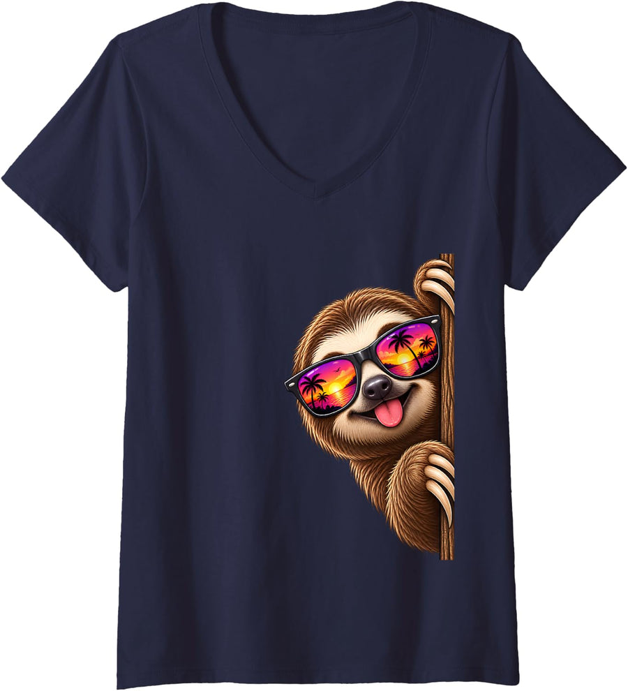 Women's Sloth Peeking Wildlife Animal Nature V-Neck T-Shirt - Navy Blue