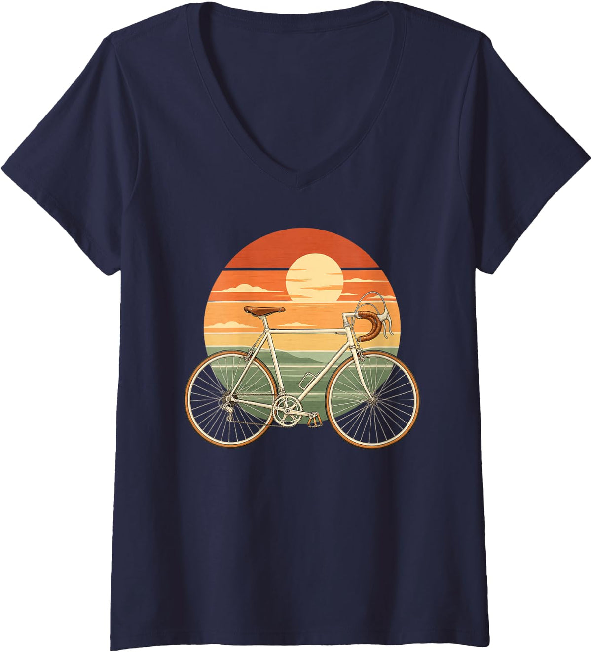 Women's Retro Road Bicycle Sunset Cycling Vintage Bike V-Neck T-Shirt - Navy Blue