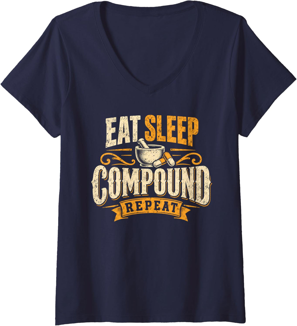 Women's Eat Sleep Compound Repeat Pharmacist Technician V-Neck T-Shirt - Navy Blue