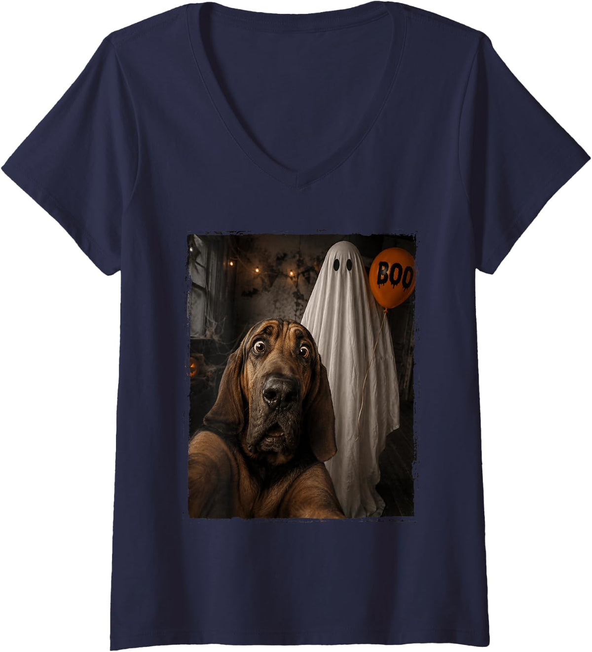 Women's Funny Bloodhound Halloween Selfie Ghost Boo Balloon Kids V-Neck T-Shirt - Navy Blue