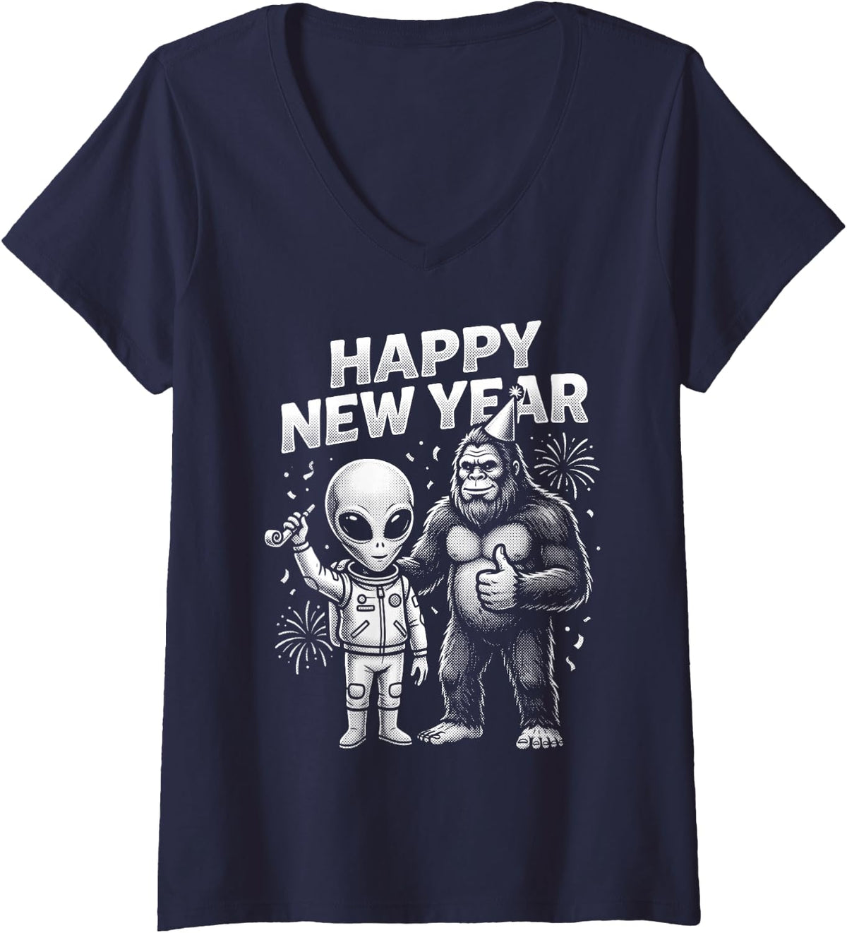 Women's Happy New Year Funny Bigfoot Alien Sasquatch V-Neck T-Shirt - Navy Blue