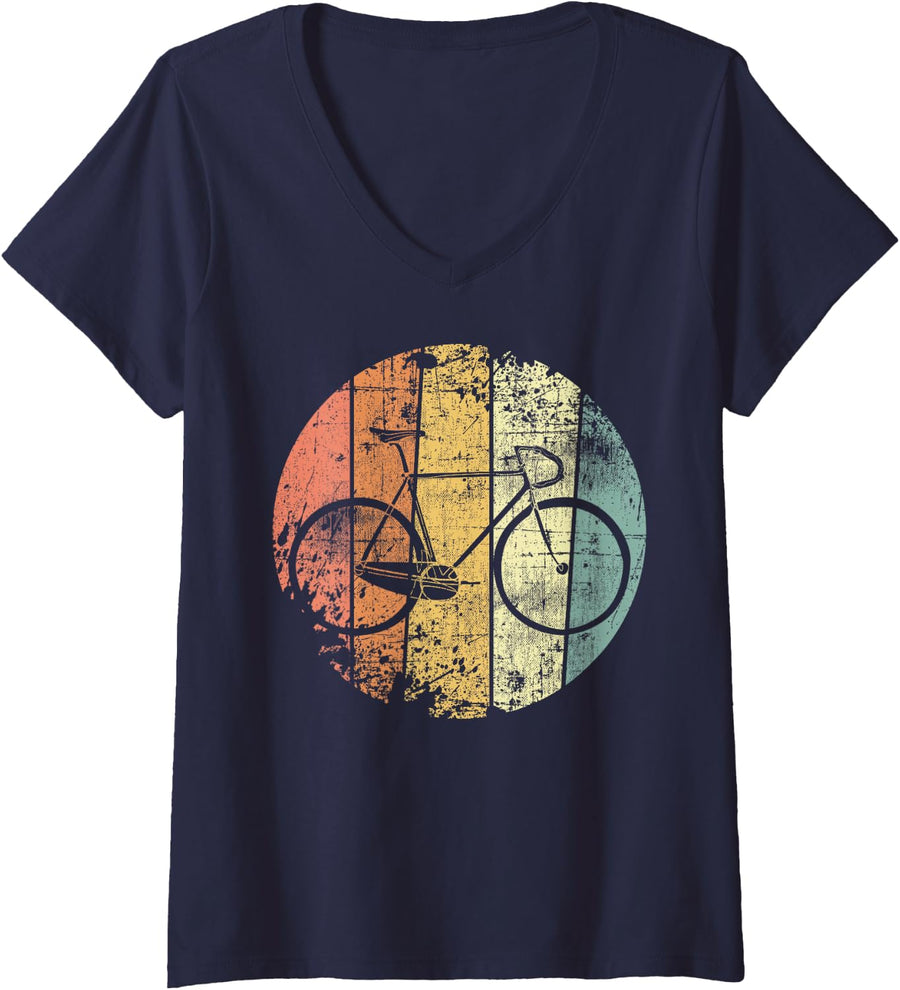 Women's Road Bike Vintage Bike Road Cyclist Triathlon V-Neck T-Shirt - Navy Blue