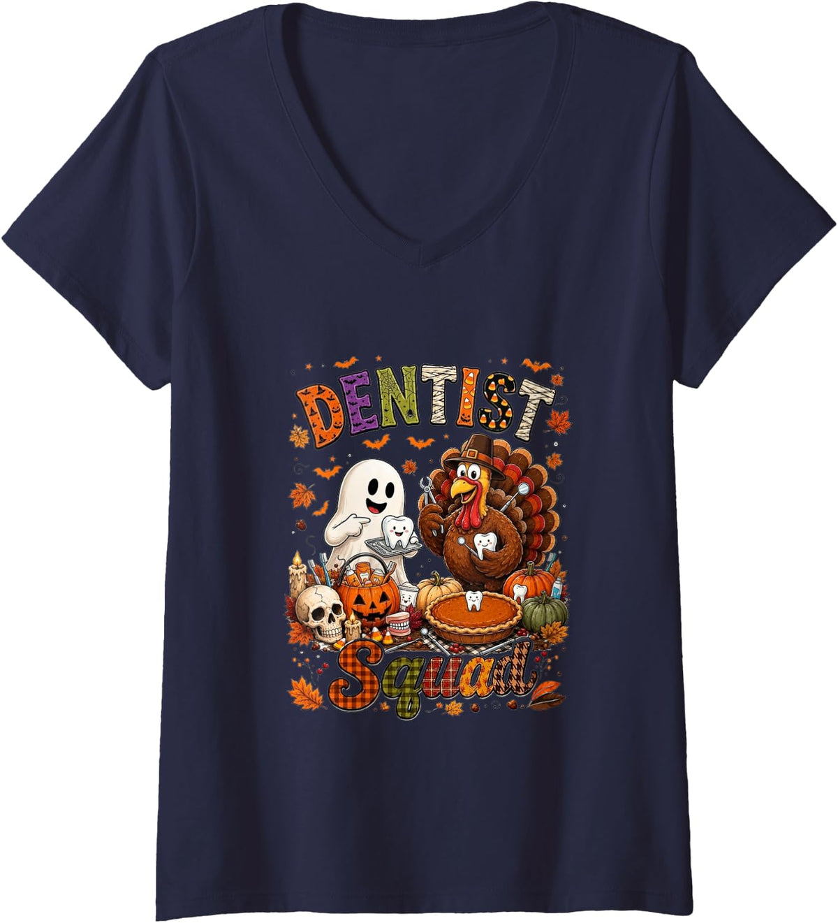 Women's Dentist Squad Funny Halloween Boo Thanksgiving Turkey V-Neck T-Shirt - Navy Blue