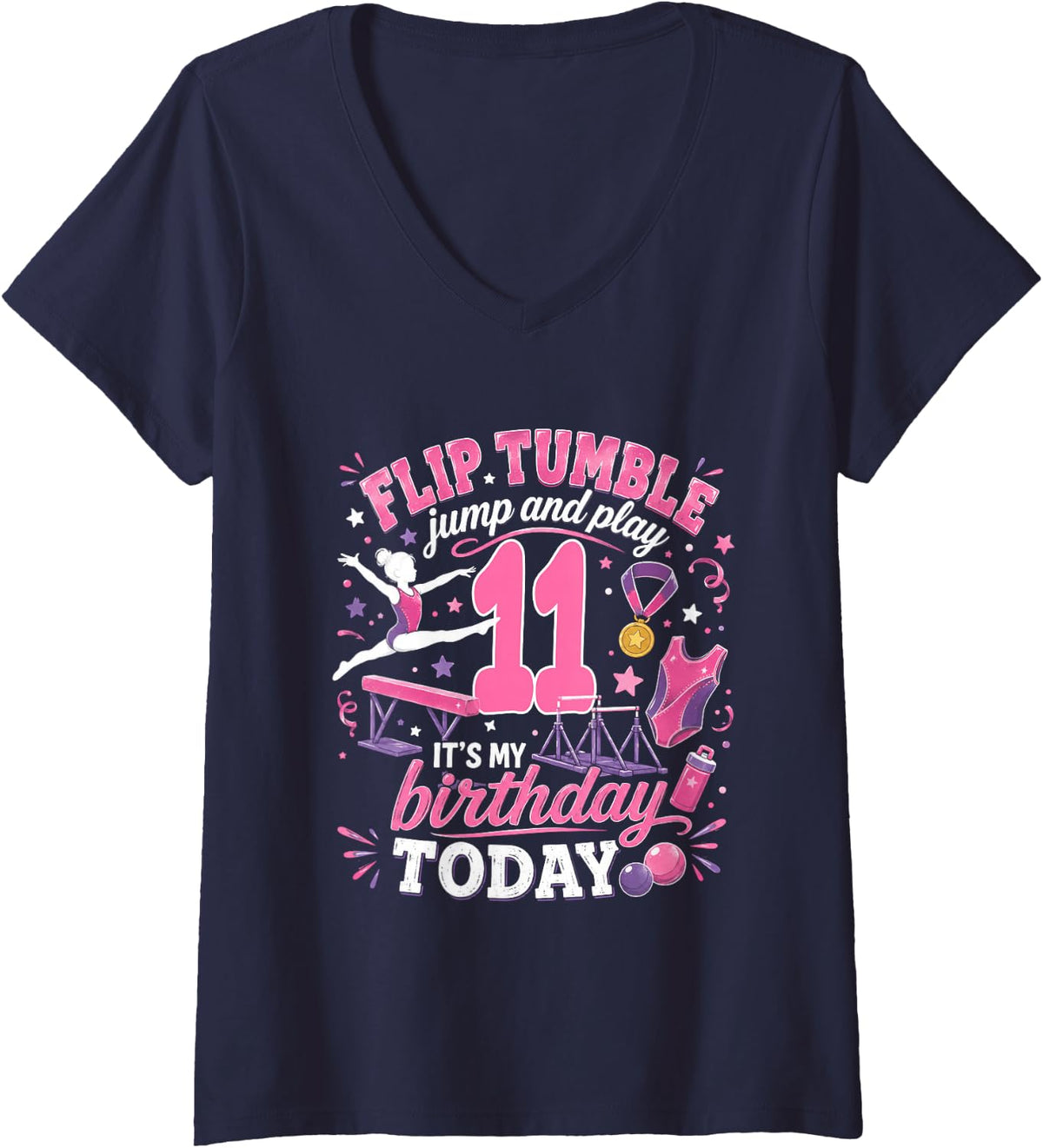 Women's Gymnastics Lover 11 Year Old Birthday Girl Party 11th V-Neck T-Shirt - Navy Blue