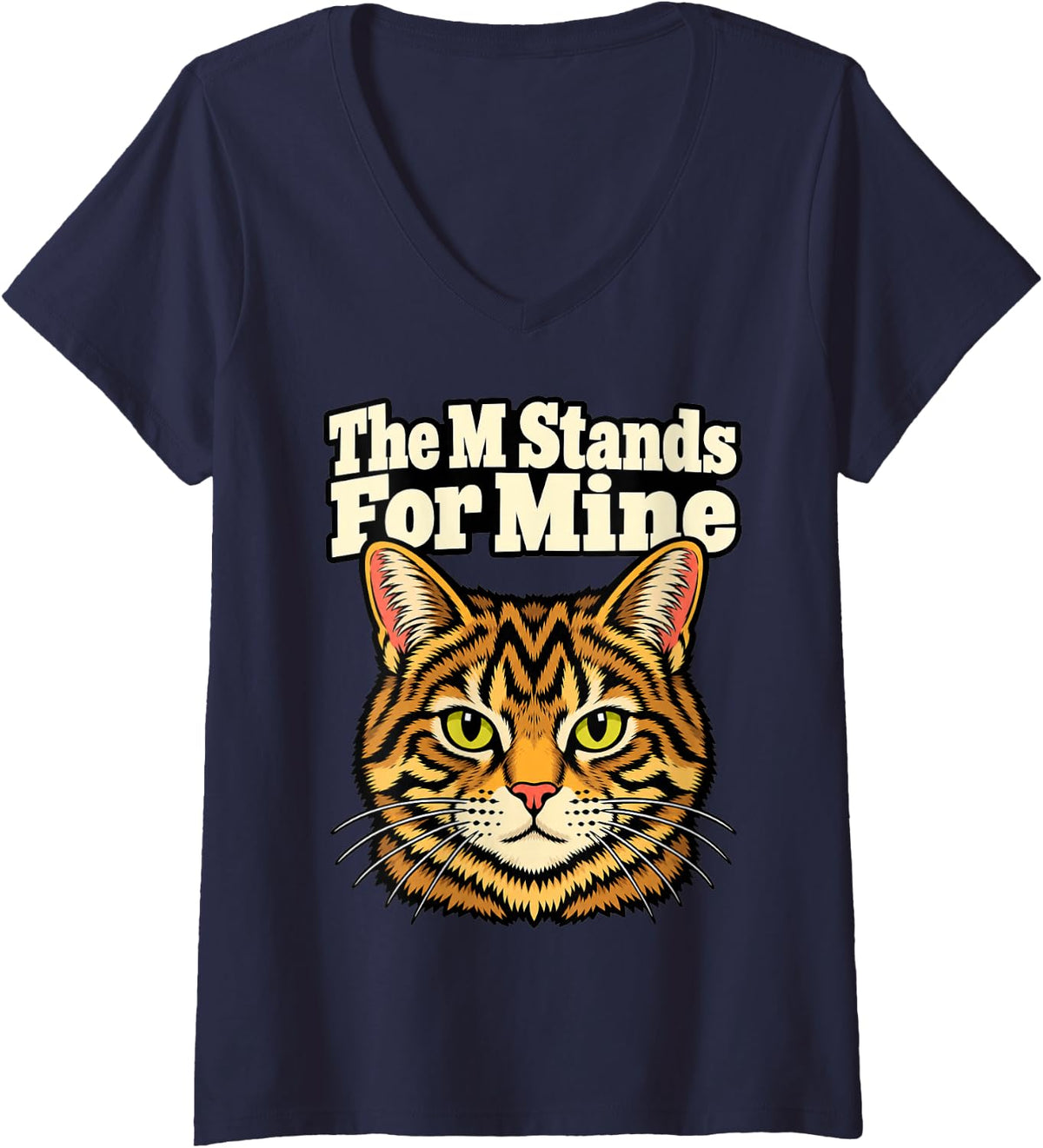 Women's Tabby Cat The M Stands for Mine Kitten Lover Funny V-Neck T-Shirt - Navy Blue
