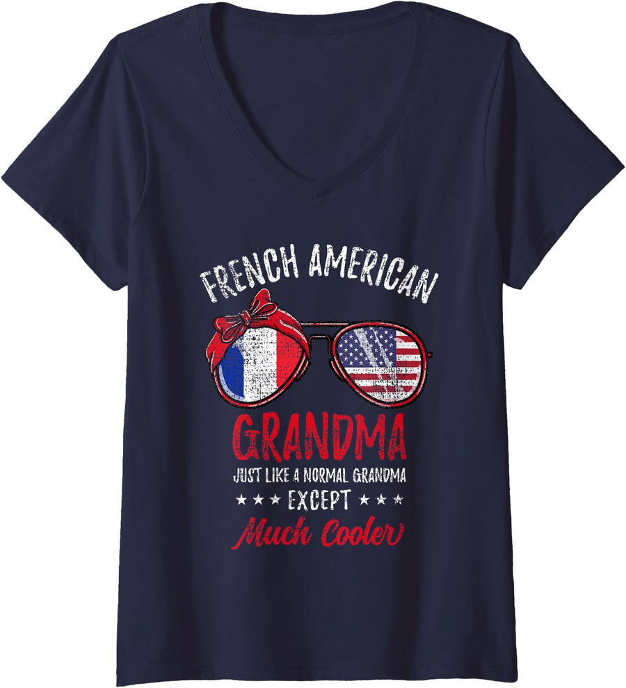 Women's Cool French American Grandma Sunglasses French Roots Vintage V-Neck T-Shirt - Navy Blue