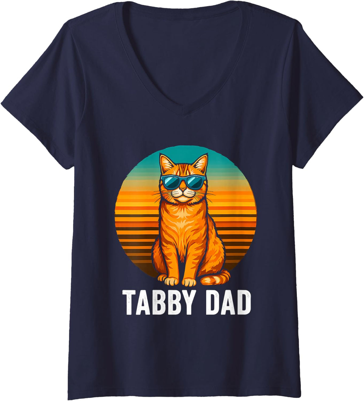 Women's Funny Tabby Dad Saying Retro Cat Graphic V-Neck T-Shirt - Navy Blue