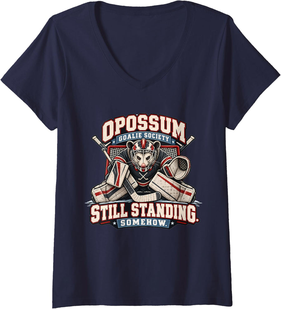 Women's Opossum Goalie Society Still Standing Somehow V-Neck T-Shirt - Navy Blue