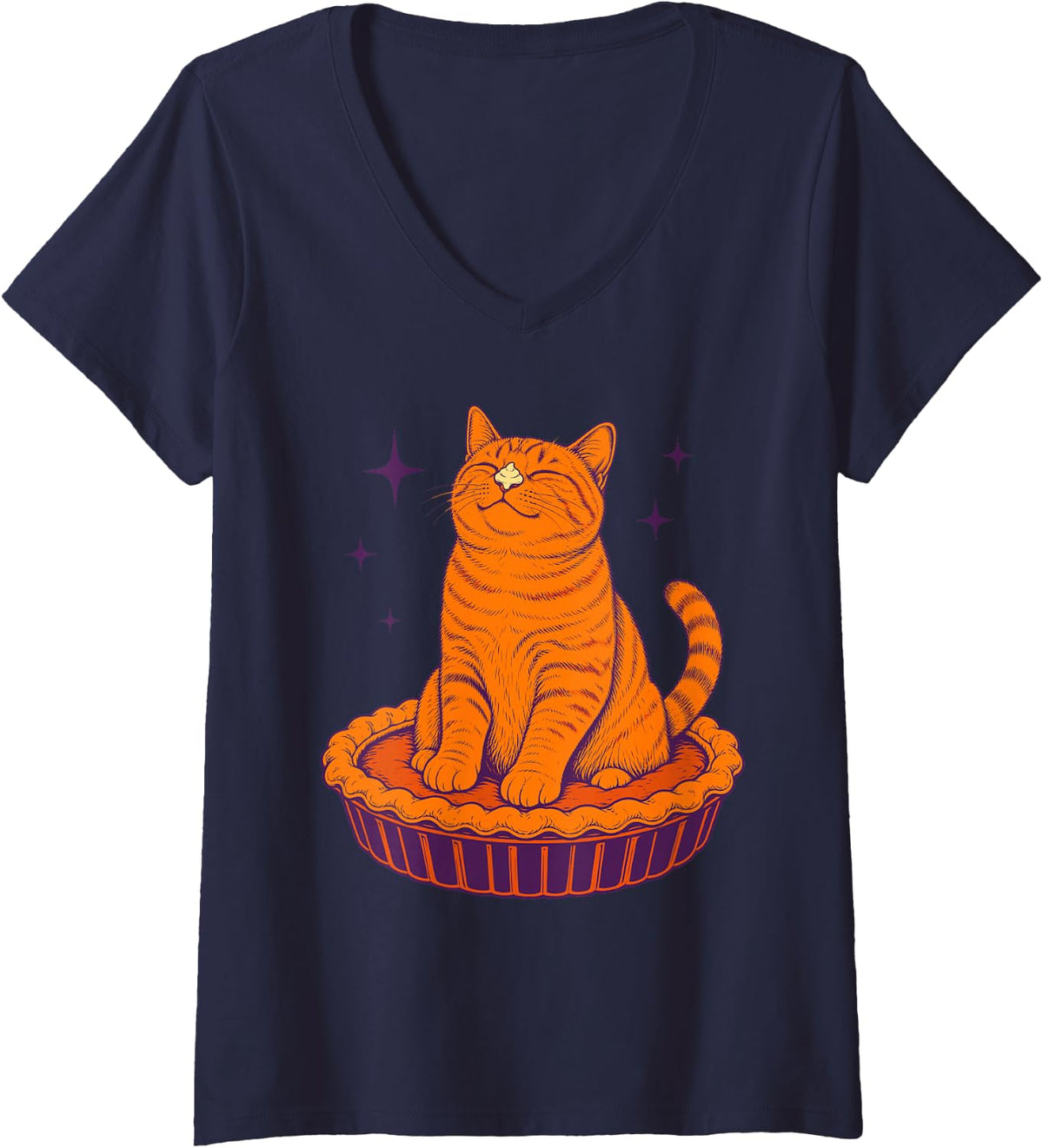 Women's Thanksgiving Cat Pumpkin Pie Orange Tabby V-Neck T-Shirt - Navy Blue