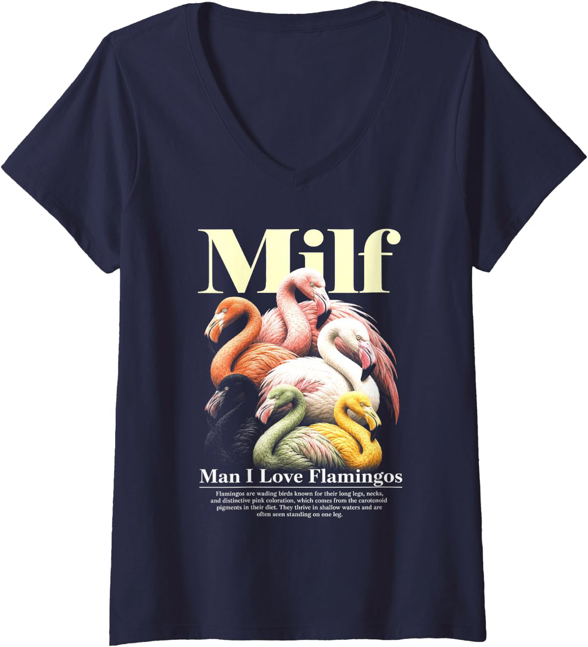 Women's Milf Man I Love Flamingos Funny Bird Lover V-Neck T-Shirt - Navy Blue