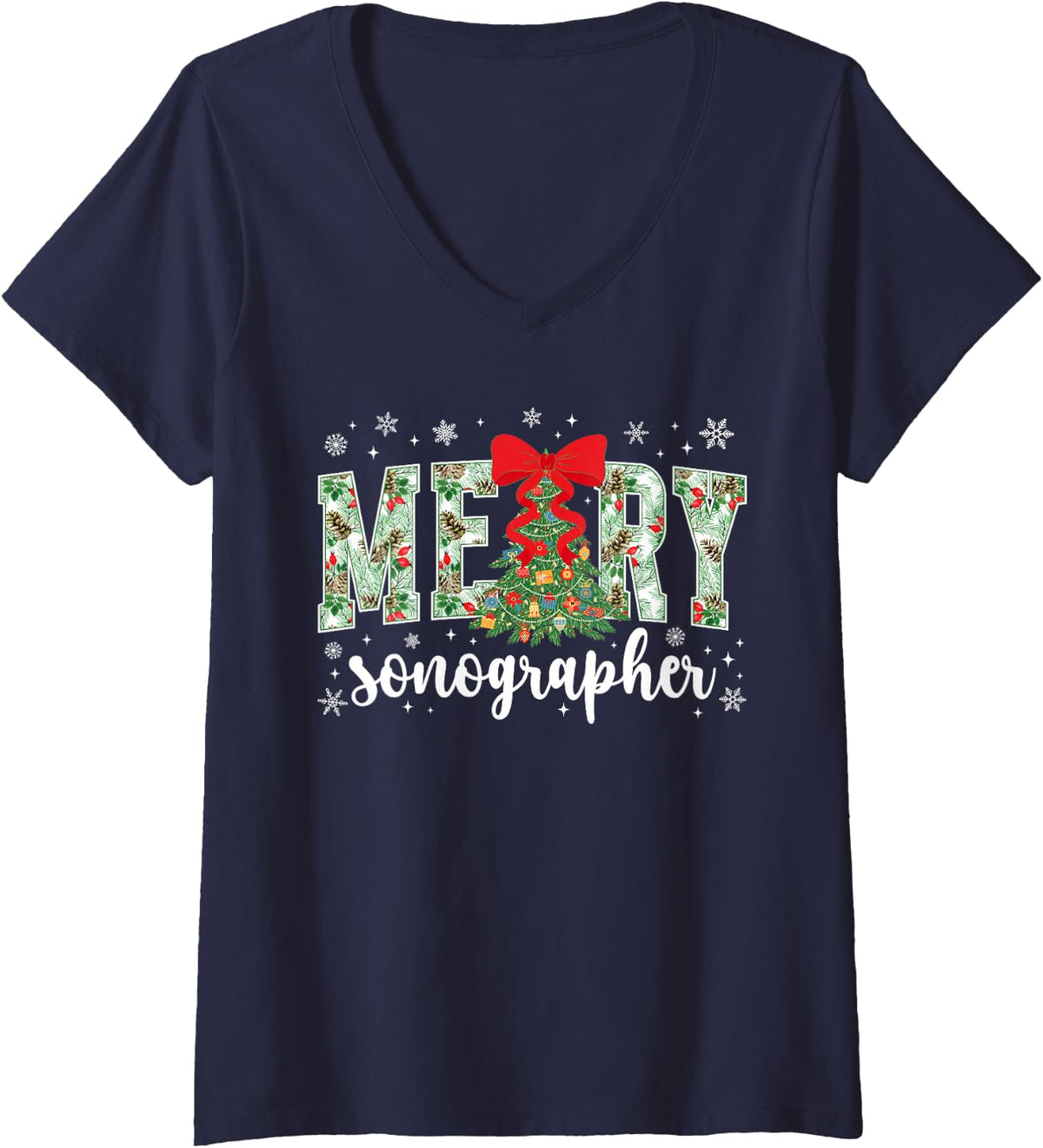 Women's Merry Sonographer Christmas Sonography Xmas Party Bow V-Neck T-Shirt - Navy Blue