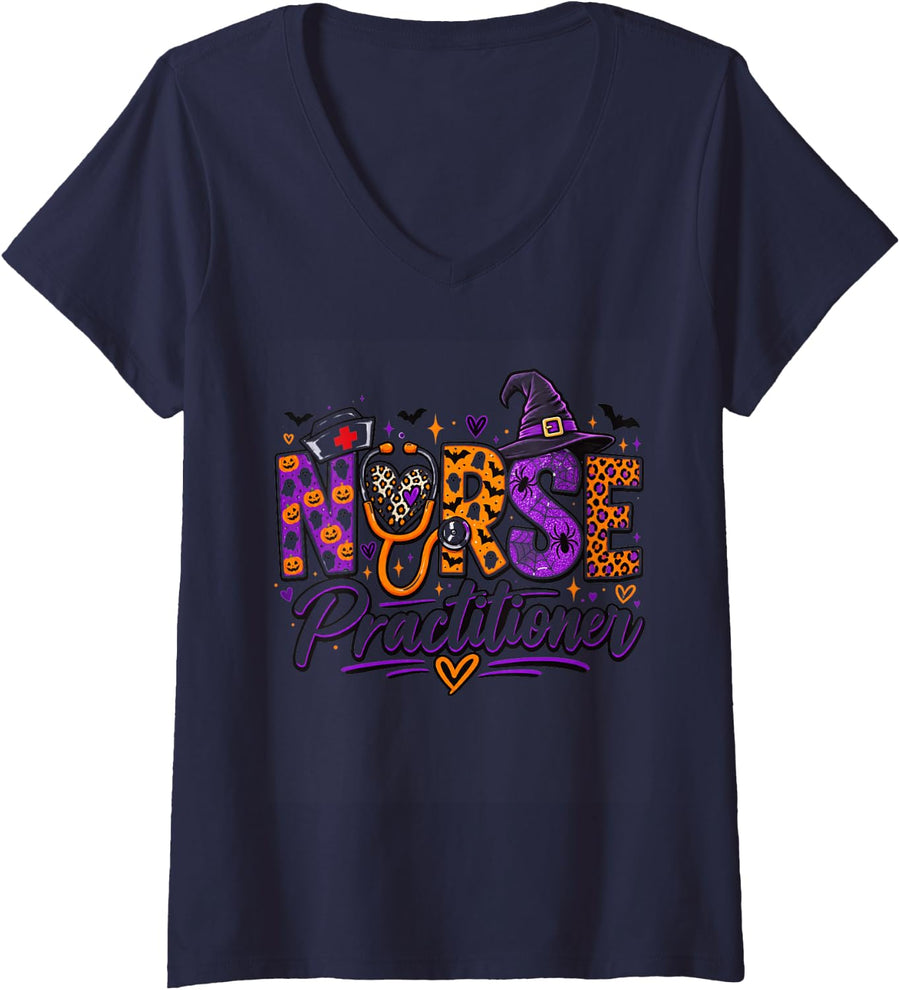 Women's Nurse Practitioner Halloween Spooky Nursing Medical Fall V-Neck T-Shirt - Navy Blue