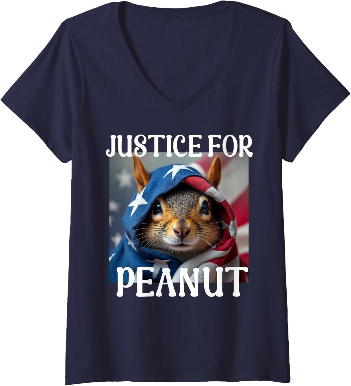 Women's Justice for Peanut the Squirrel America Flag V-Neck T-Shirt - Navy Blue