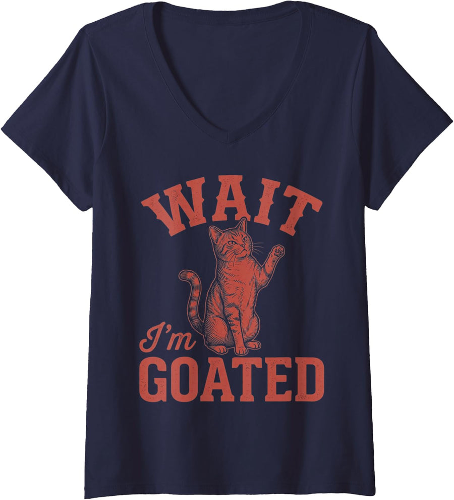 Women's Wait Im Goated Funny Meme Cat Tabby Vintage Sketch V-Neck T-Shirt - Navy Blue
