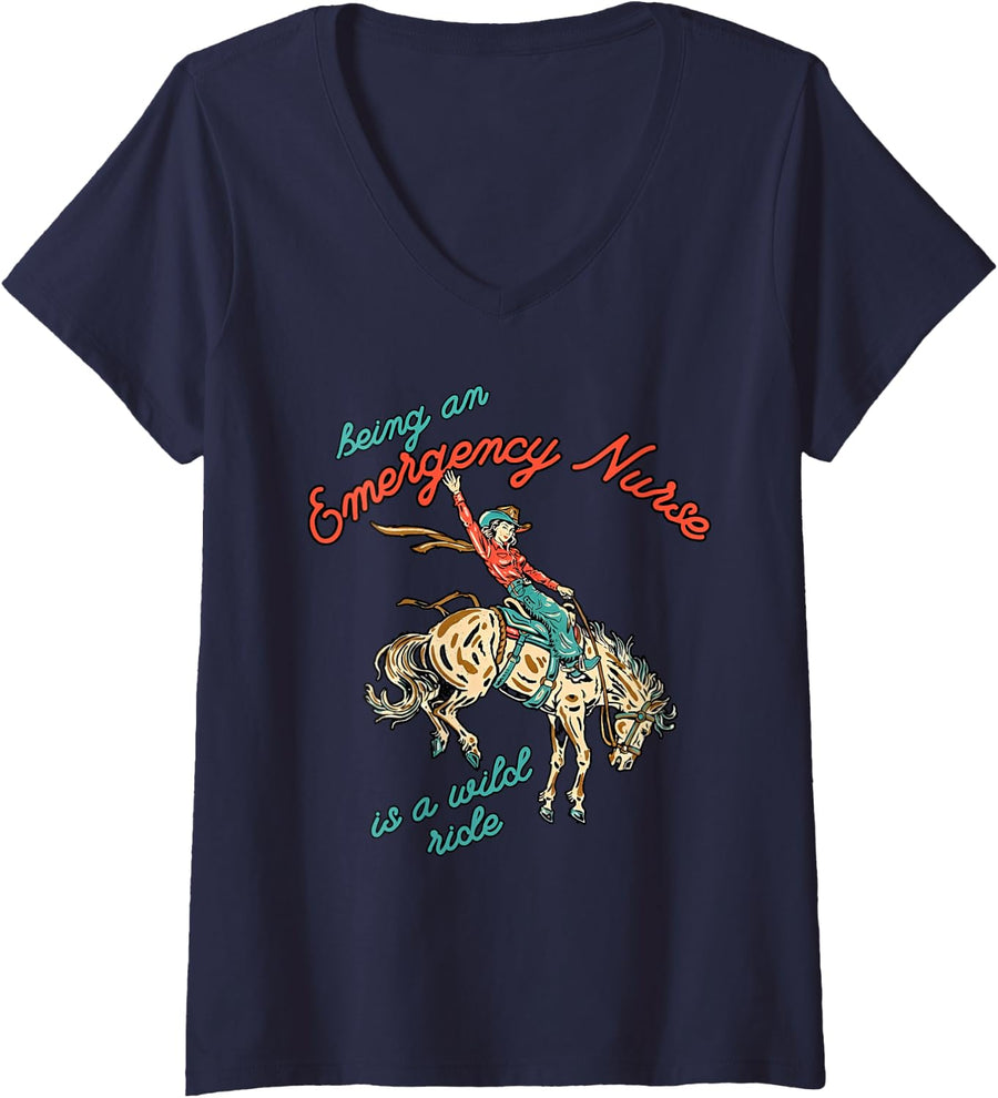 Women's Being an Emergency Nurse Cowgirl Western ER Emergency Room V-Neck T-Shirt - Navy Blue