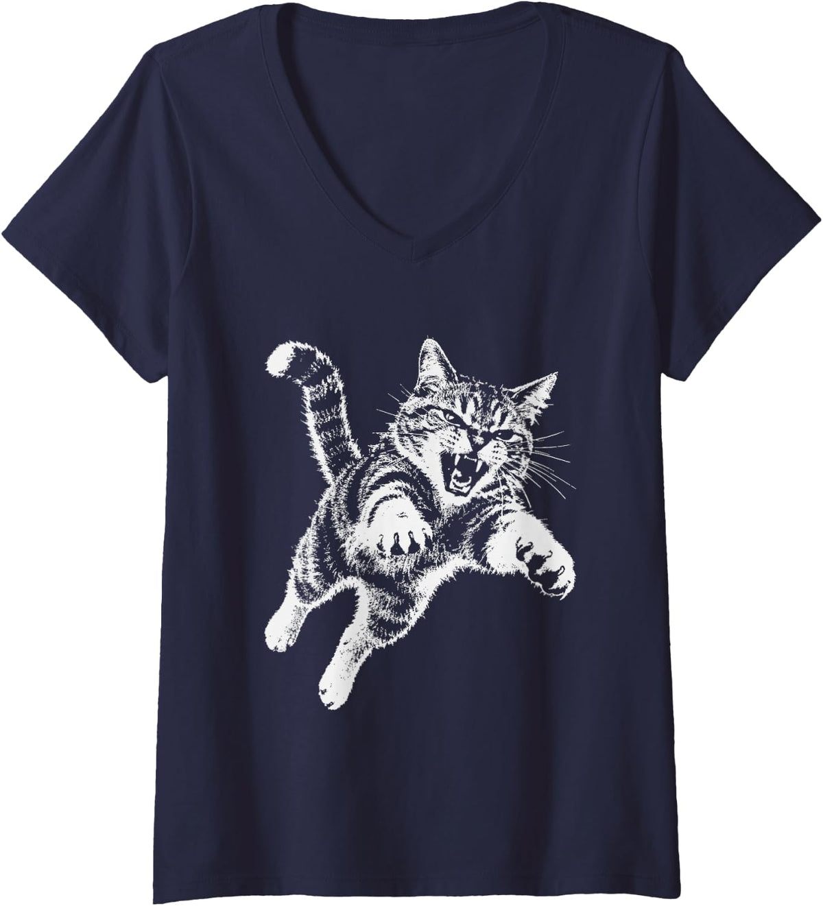 Women's Rebellious Cat 2000s Y2k Grunge Aesthetic Sassy Kitten V-Neck T-Shirt - Navy Blue