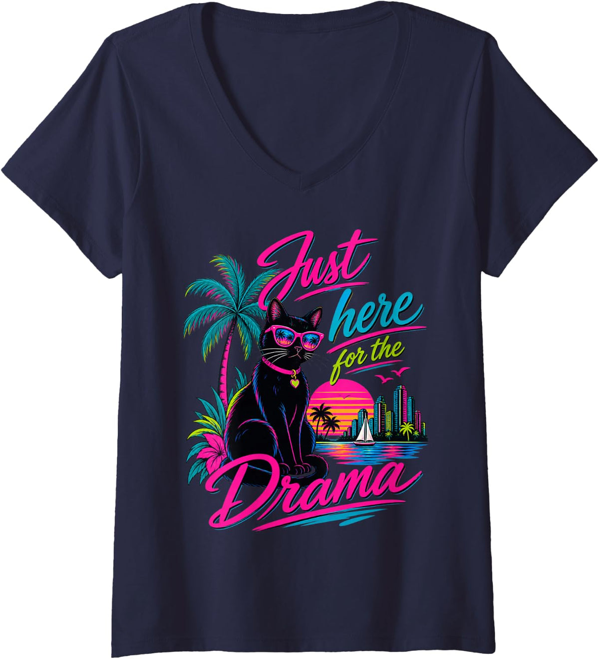 Women's Just Here for the Drama Black Cat Tropical Retro V-Neck T-Shirt - Navy Blue