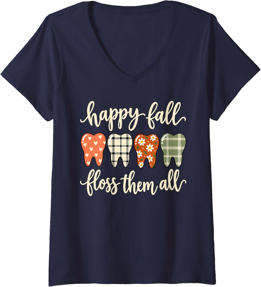 Women's Happy Fall Floss Them All Dental Hygienist Autumn V-Neck T-Shirt - Navy Blue