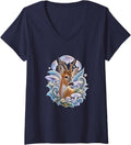 Women's Roe Deer Among Pale Mushrooms V-Neck T-Shirt - Navy Blue