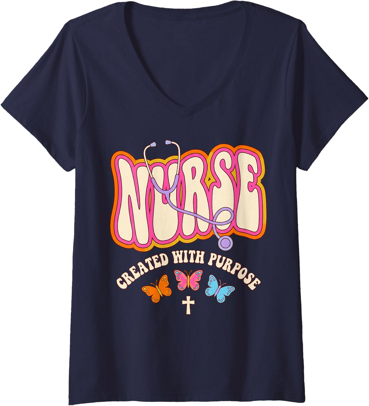 Women's Nurse Created Purpose Jesus Faith God CNA Christian Nurse V-Neck T-Shirt - Navy Blue
