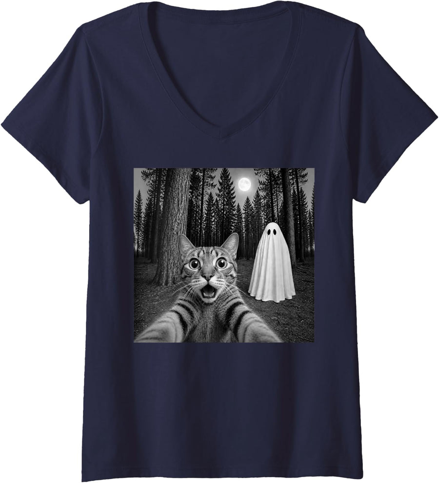 Women's Spooky Tabby Cat Selfie with Ghost Halloween V-Neck T-Shirt - Navy Blue