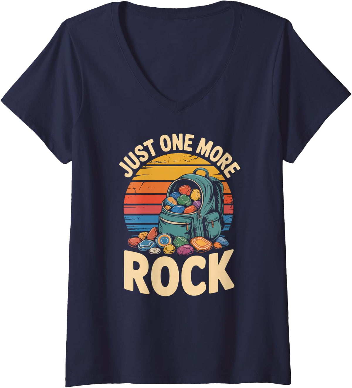 Women's Just One More Rock Stone Collecting Hiking V-Neck T-Shirt - Navy Blue