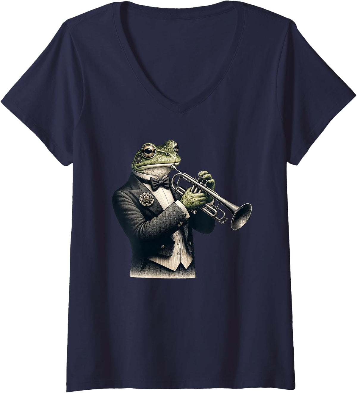 Women's Cute Frog Playing Trumpet Musician Music V-Neck T-Shirt - Navy Blue