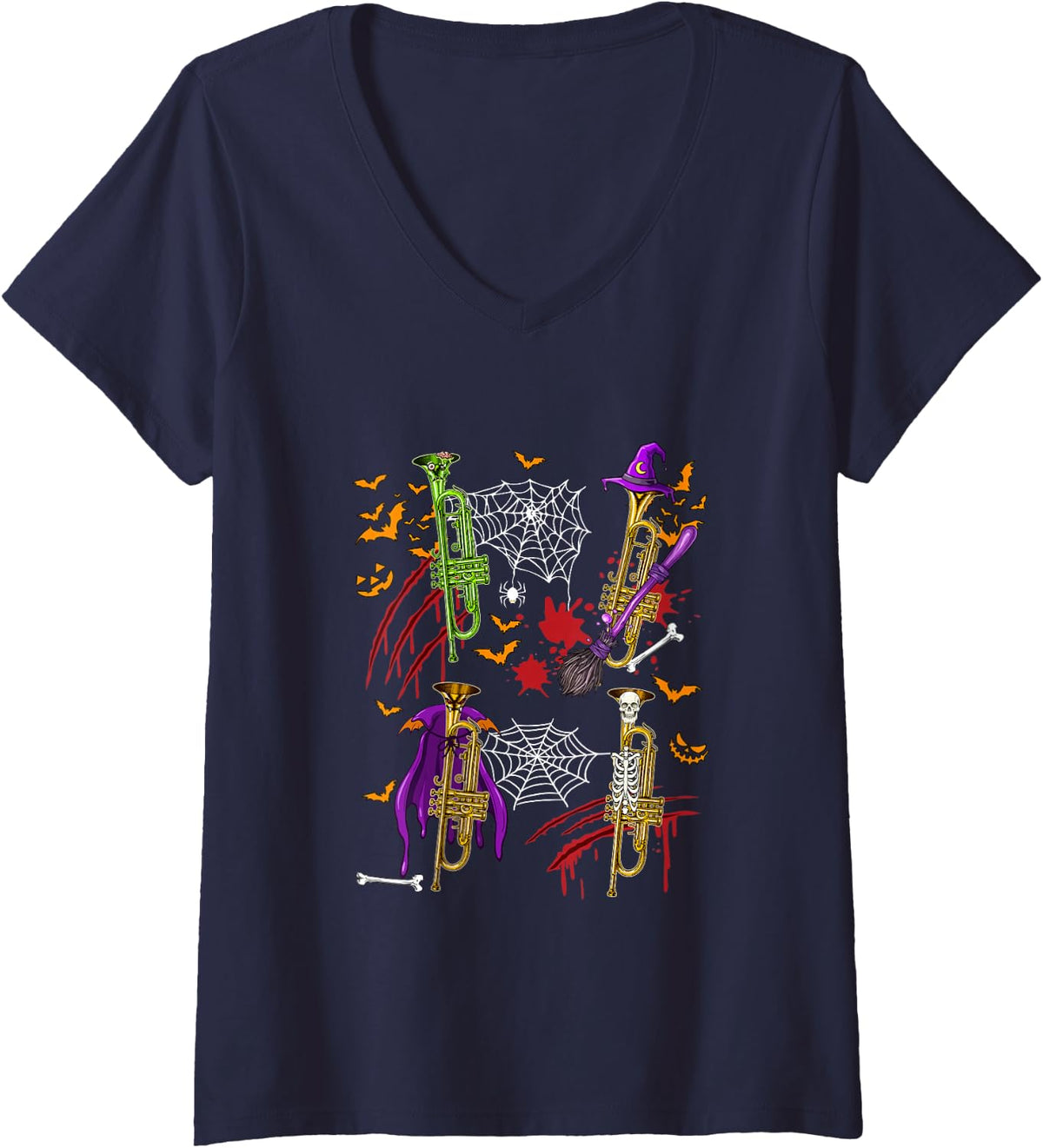 Women's Horror Trumpets As Witch Skeleton Halloween Instrument V-Neck T-Shirt - Navy Blue