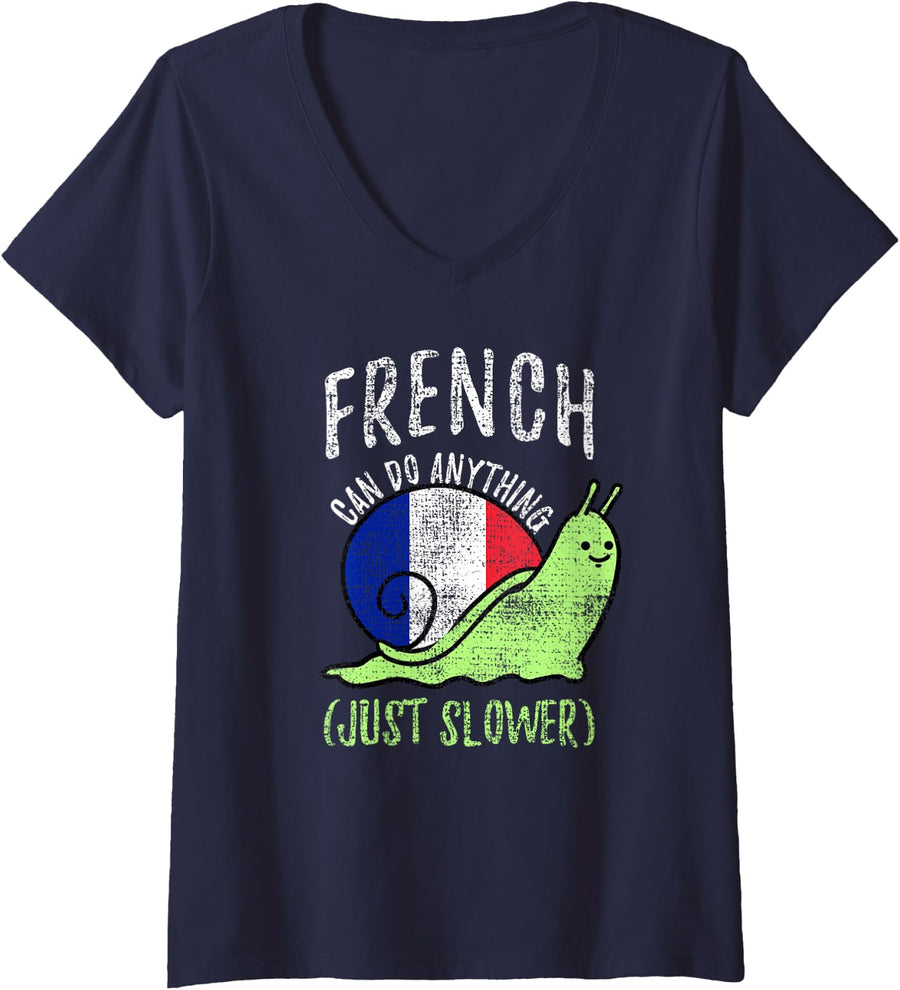 Women's French Can Do Anything Just Slower Funny French Vintage V-Neck T-Shirt - Navy Blue