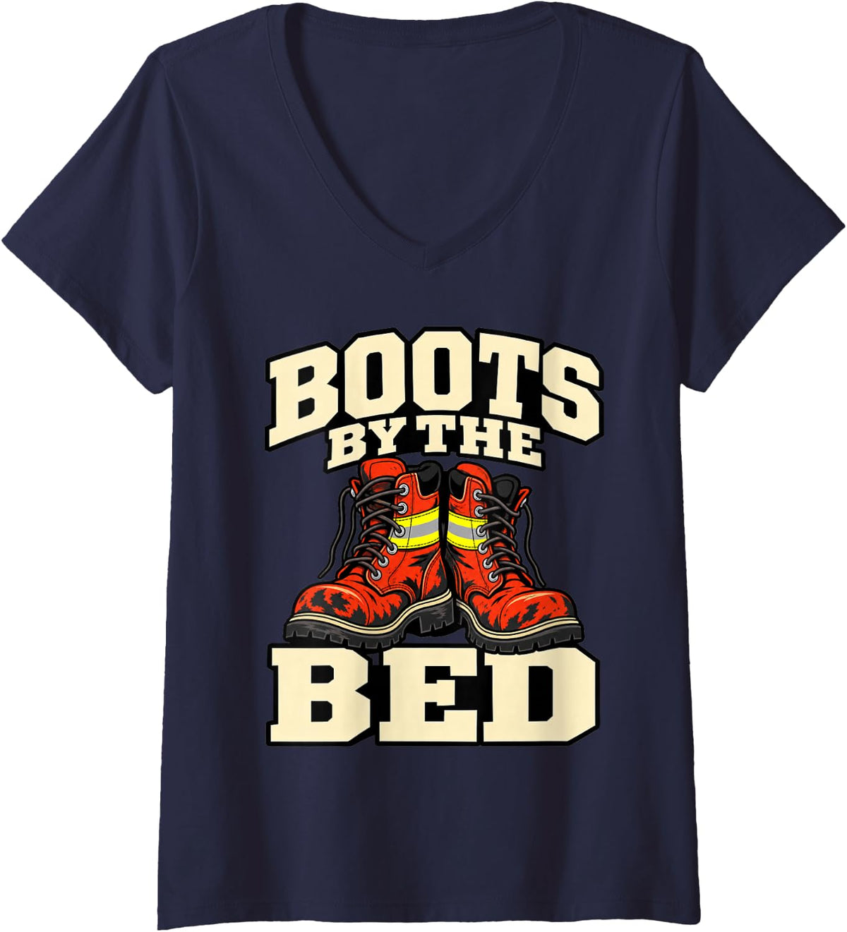 Women's Volunteer Firefighter Boots By The Bed Rescue Lover Funny V-Neck T-Shirt - Navy Blue