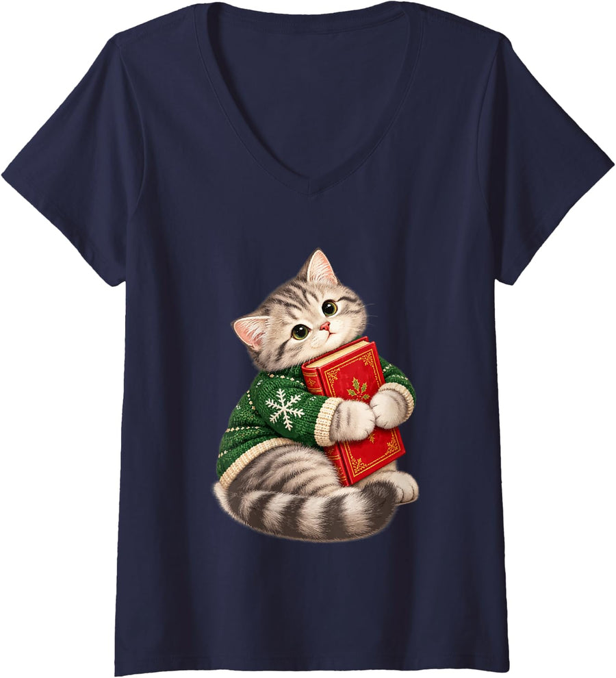 Women's Cute Tabby Cat Hugging Christmas Book Bookworm Kitten Art V-Neck T-Shirt - Navy Blue