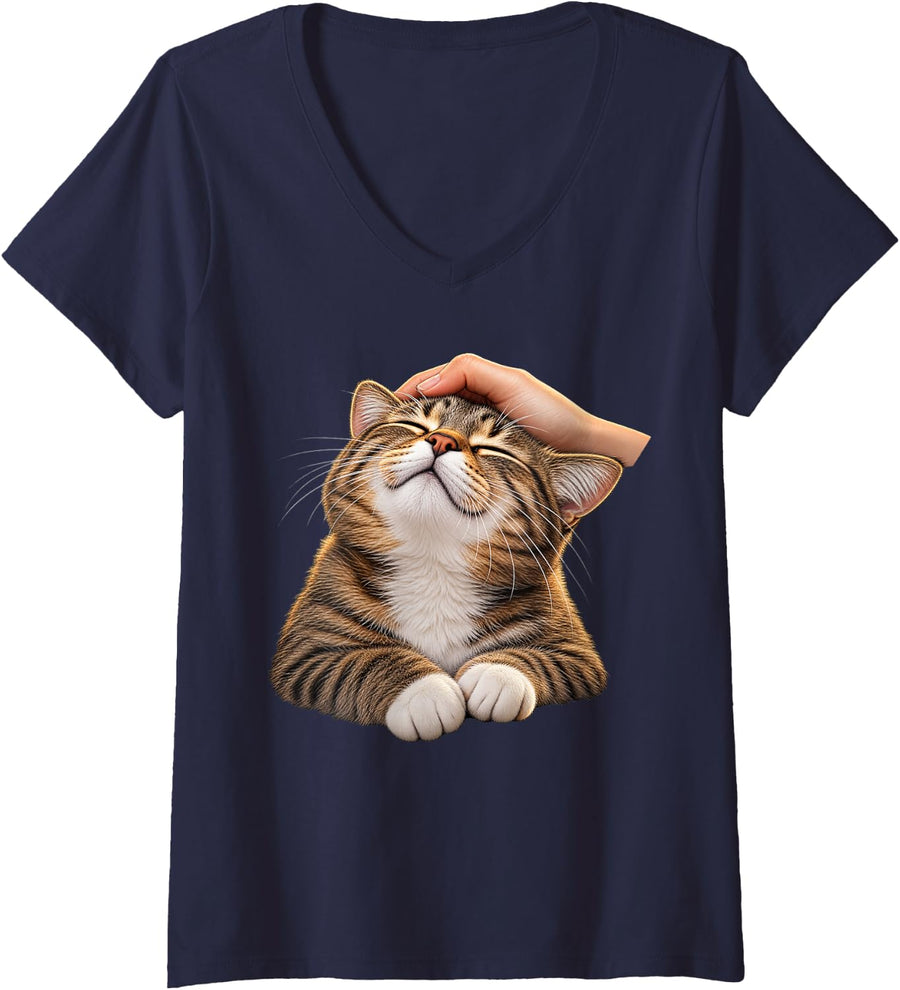 Women's Cute Tabby Cat Enjoying Head Pats Happy Kitten Animal Art V-Neck T-Shirt - Navy Blue