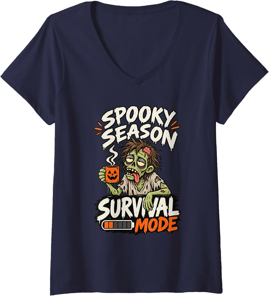 Women's Spooky Season Survival Mode Funny Zombie Halloween V-Neck T-Shirt - Navy Blue
