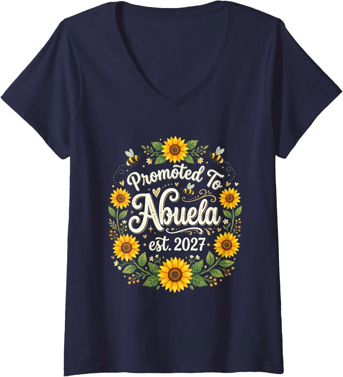 Women's Promoted to Abuela 2027 First Time Grandmother Sunflower V-Neck T-Shirt - Navy Blue