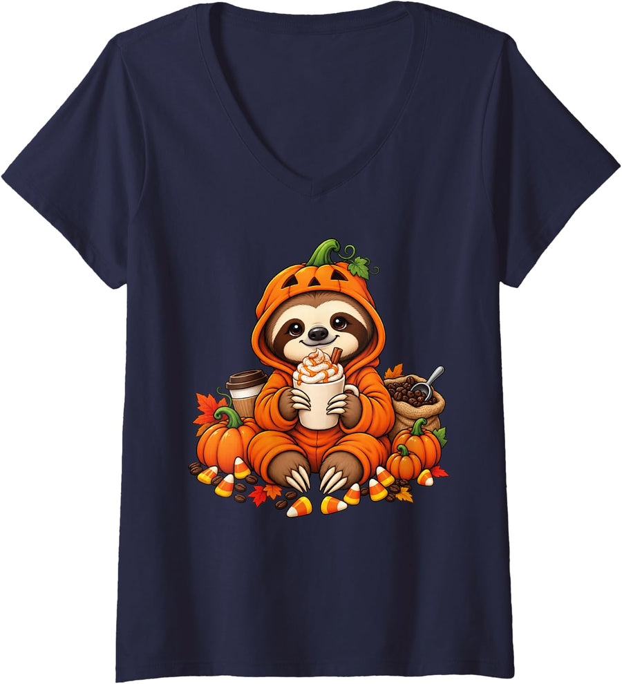 Women's Cute Sloth Halloween Pumpkin Spooky Sloth Halloween V-Neck T-Shirt - Navy Blue