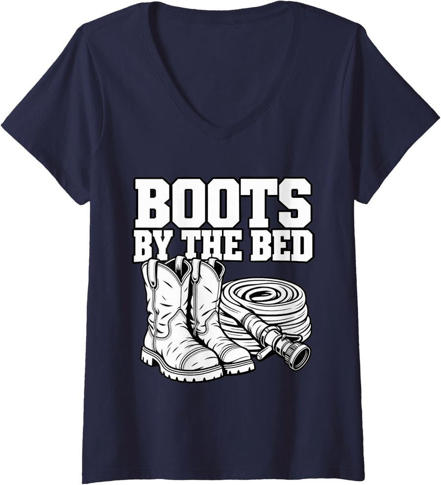 Women's Volunteer Firefighter Boots By The Bed Hose Rescue Fans V-Neck T-Shirt - Navy Blue