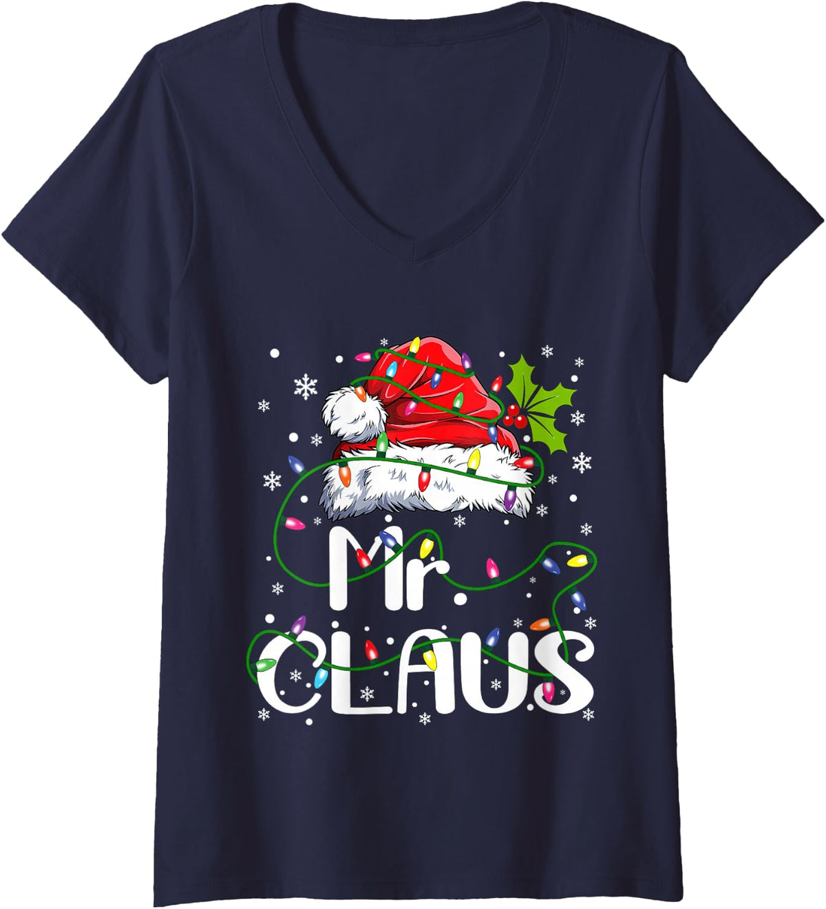 Women's Mr and Mrs Claus Couples Matching Christmas Pajamas Santa V-Neck T-Shirt - Navy Blue