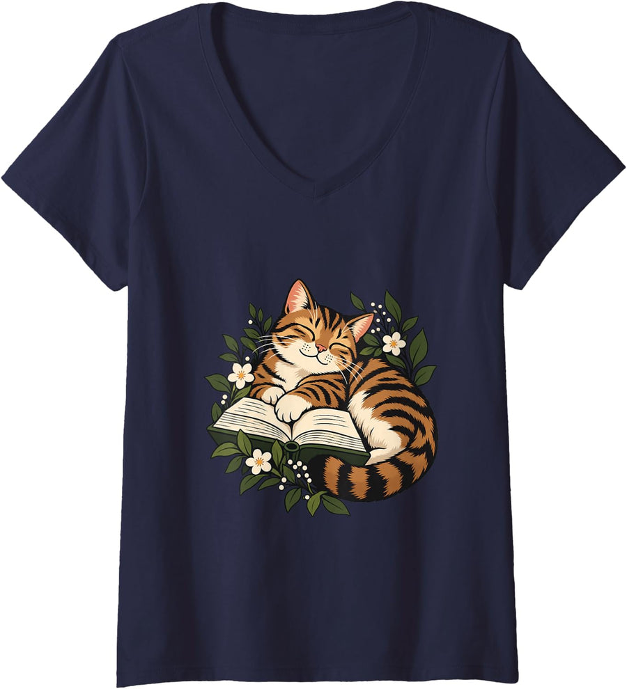 Women's Tabby Cat Holding Book and Botanical Leaves V-Neck T-Shirt - Navy Blue