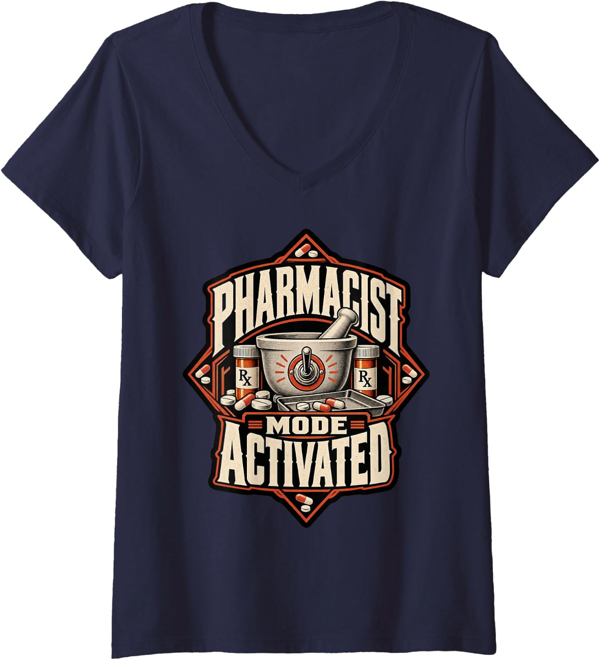 Women's Rx Professional Pharmacist Mode Activated Art Design Gift V-Neck T-Shirt - Navy Blue