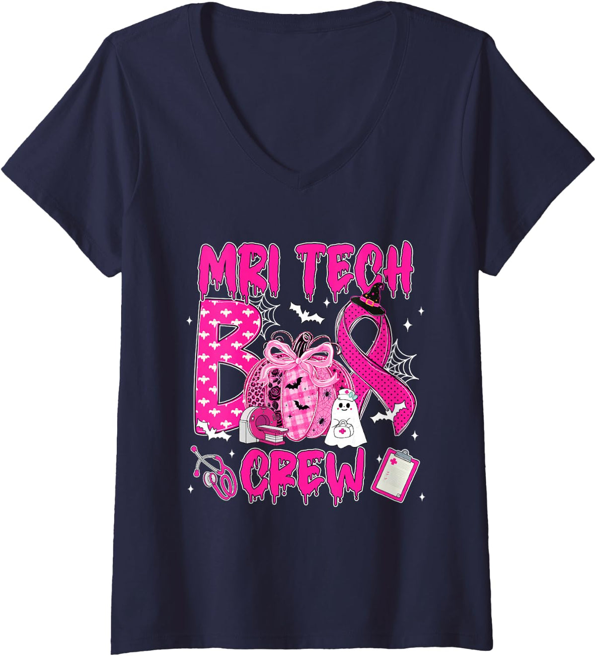 Women's MRI Tech Boo Crew Breast Cancer Awareness V-Neck T-Shirt - Navy Blue