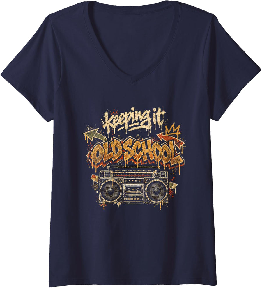 Women's Keeping It Old School Tshirt Hiphop Rap Urban Streetwear V-Neck T-Shirt - Navy Blue