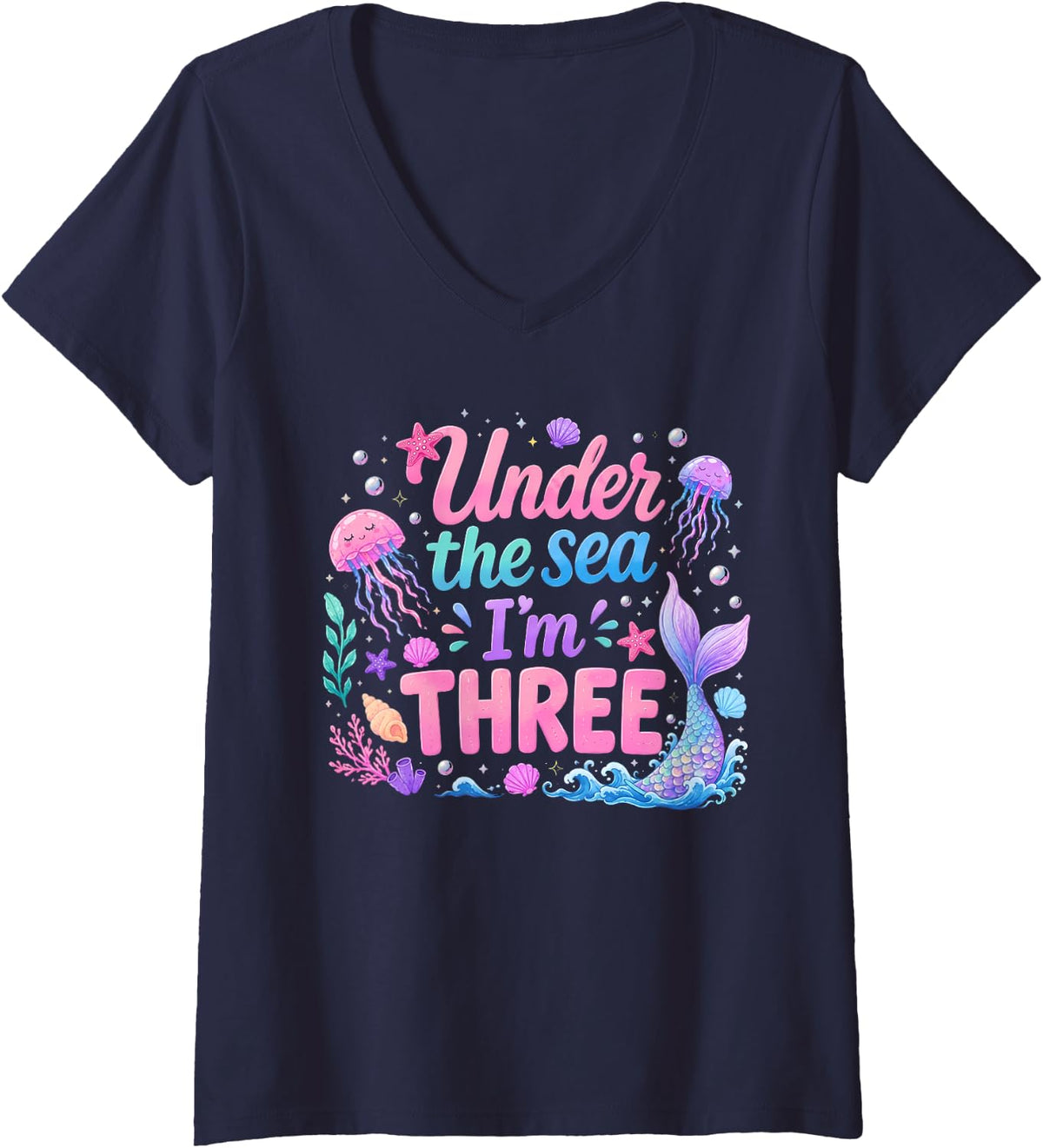 Women's Under Sea Im Three 3 Year Old Girl Birthday Mermaid Theme V-Neck T-Shirt - Navy Blue