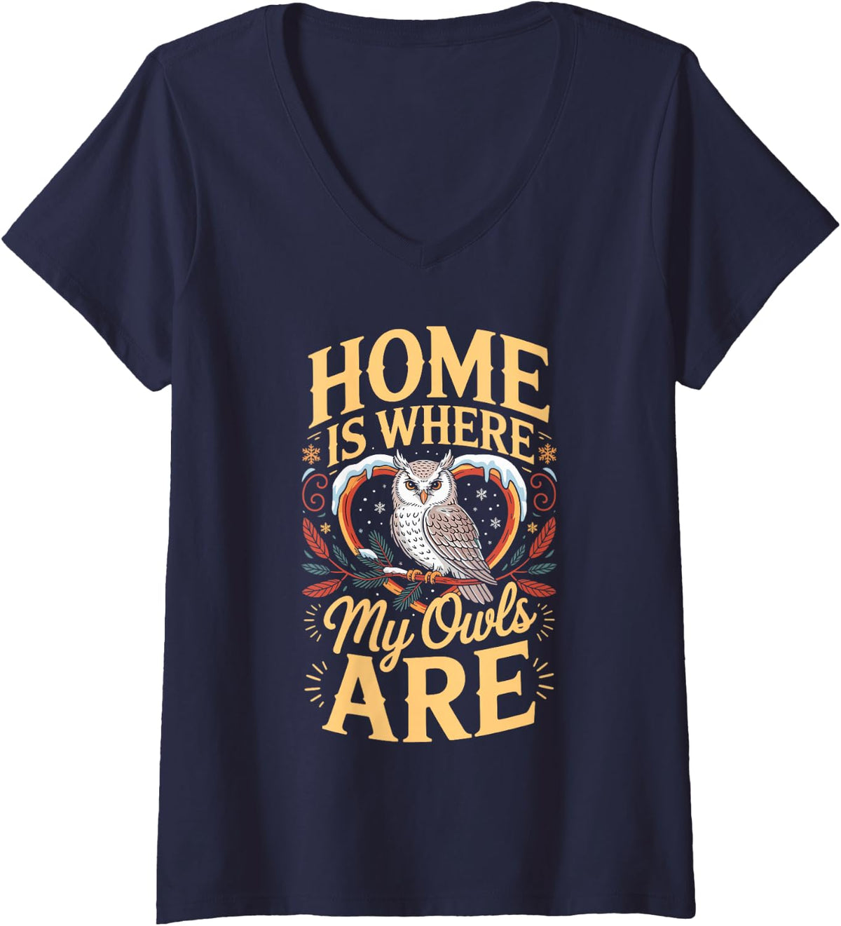 Women's Home is Where My Owls are Snowy Owl V-Neck T-Shirt - Navy Blue