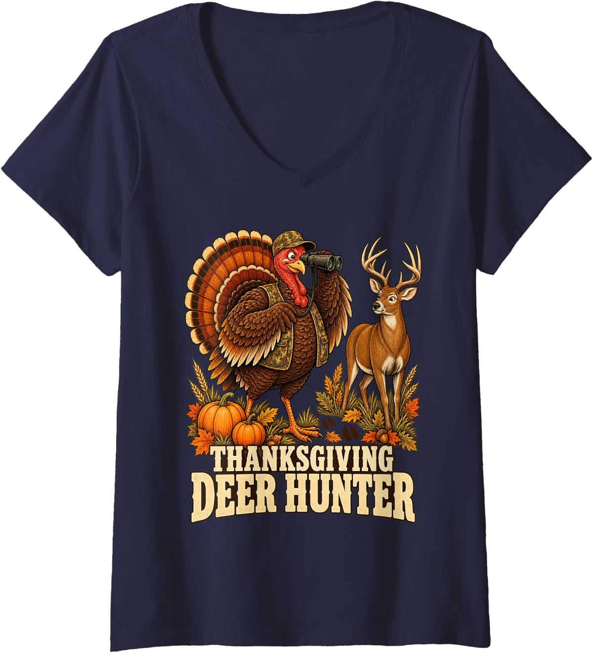 Women's Funny Turke Fall Hunting Thanksgiving Deer Hunter V-Neck T-Shirt - Navy Blue