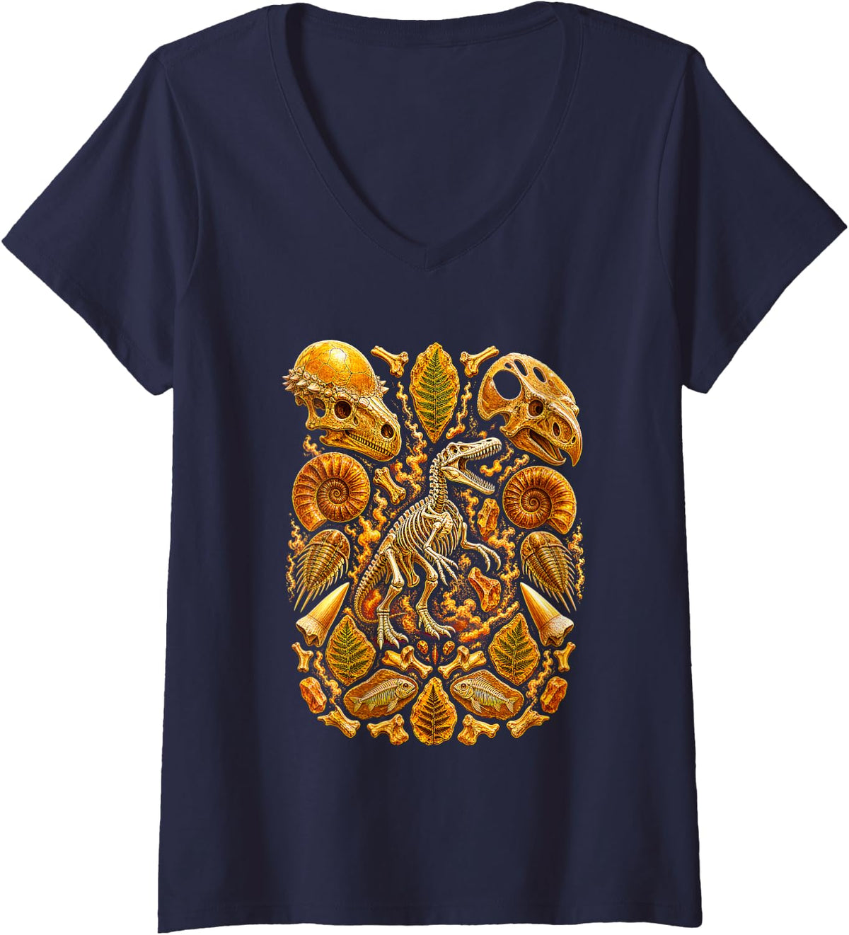 Women's Dinosaur Fossils Paleontologist Geology V-Neck T-Shirt - Navy Blue